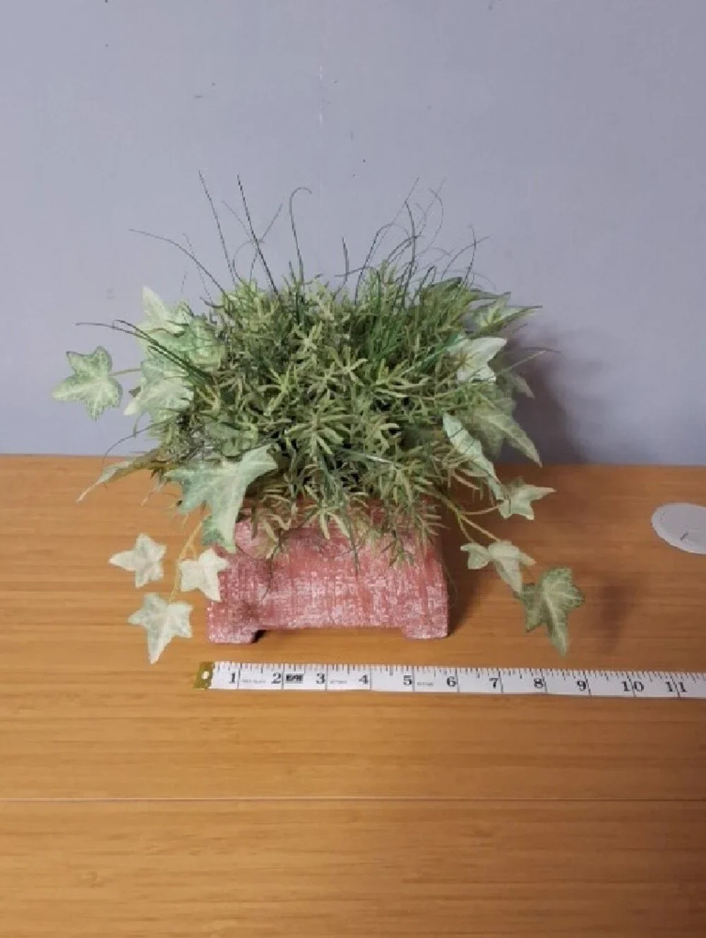 Pink Textured Planter with Lifelike Green Faux Ivy and Grass
